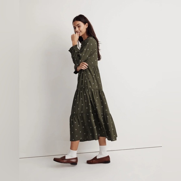 Madewell Dark Forest Tie-Neck Tiered Midi Dress - Stardot, Size 2X, NWT - Picture 3 of 6